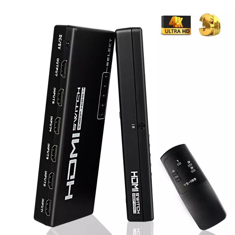 5 Ports 1080P HDMI 3D Switcher Selector HD Switching Splitter Hub Remote Switch + Remote Controller for HDTV DVD PS3 STB