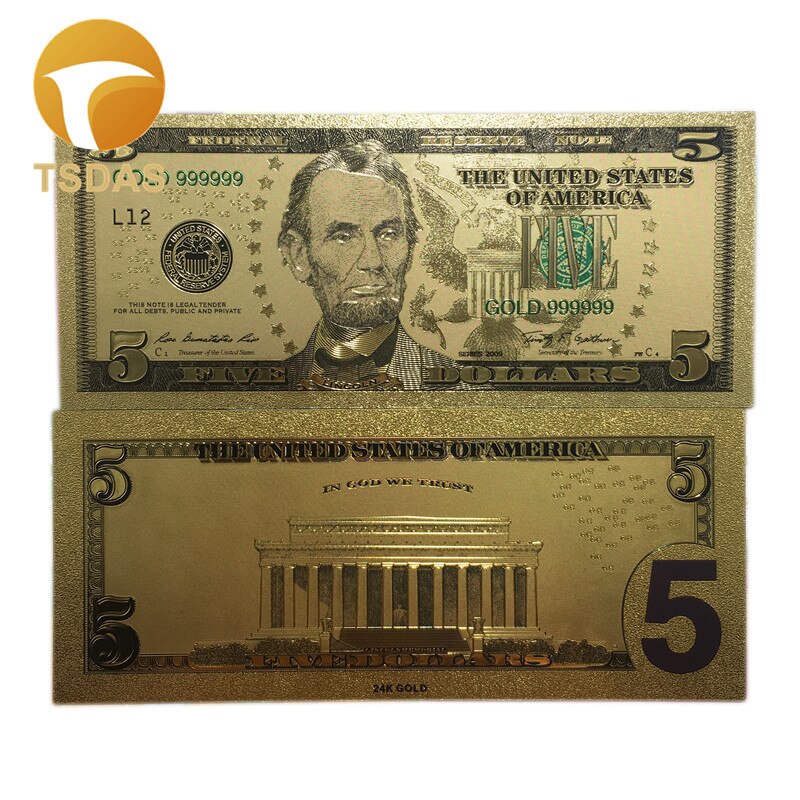 Keräily kultafolio seteli usa $ 5 dollaria  in 24k kullattu kokoelma setelit