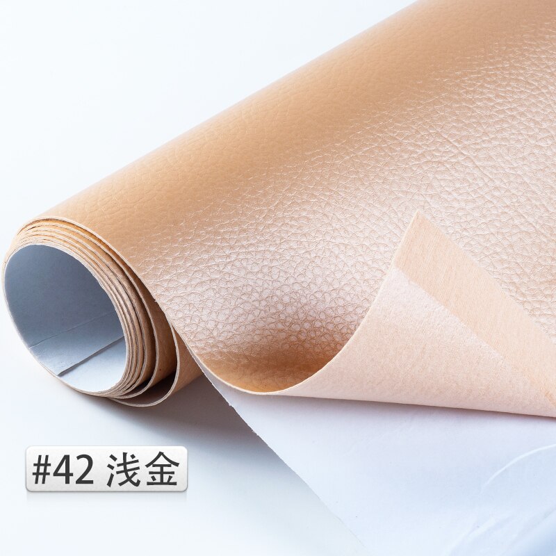 50*138cm Reliëf Lijm Lederen litchi PU Leer Stof Terug Lijm Kunstmatige Synthetisch Leer Stoffen DIY Bag Bank materiaal Effen gekleurd kunstleer kunstleer stof naaien DIY tas schoenen materiaal: 42 Light Gold