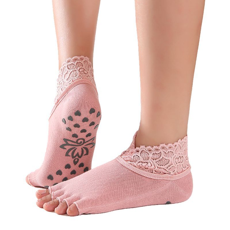 1 pair Women Yoga Five Toe Anti-Slip Ankle Grip Socks Dots Pilates Fitness Gym Socks Ladies Sports Socks With Lace: A Pink