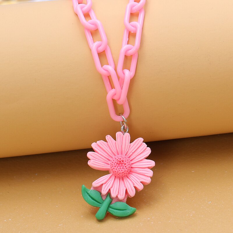 Chic Colorful Daisy Flower Pendant Necklace For Women Cute Resin Square Chain Choker Necklace Jewelry For Girl Spring
