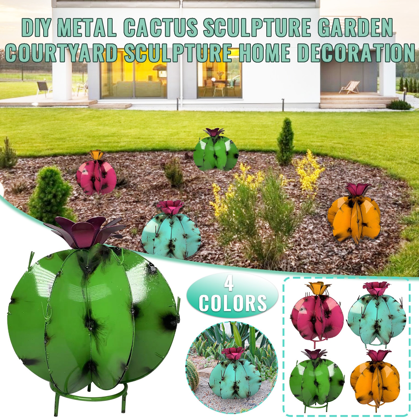 Garden Decoration Outdoor Metal Cactus Sculpture Rustic Hand Painted Metal Art Agave Plant Garden Yard Decor