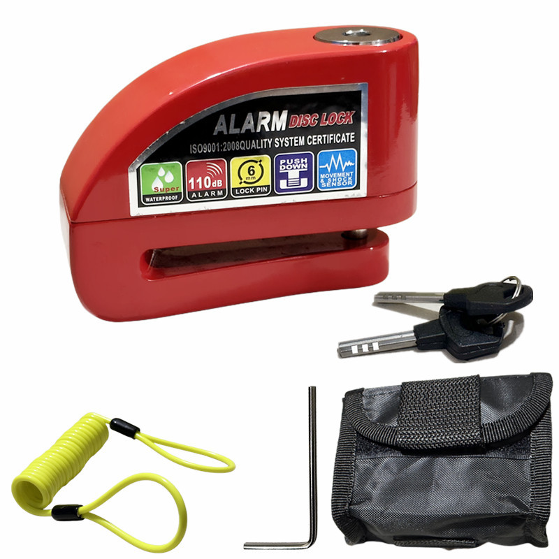 waterdicht motorfiets alarmslot fietsslot beveiliging anti-diefstal slot motor schijfrem slot + tas + herinnering touw: Rood