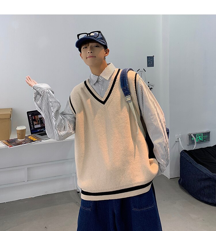 Suéter de punto a rayas con cuello de pico para hombre, chaleco Harajuku coreano, ropa de calle para hombre, ropa cómoda y versátil,