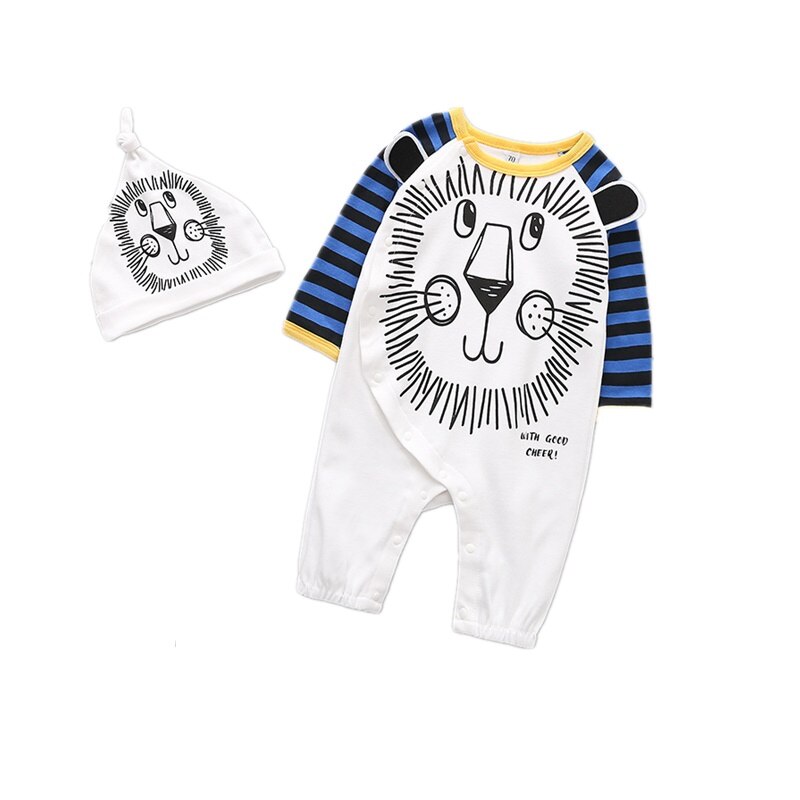 Baby Katoen Lange Rompertjes Baby Jongen Een Stuk Dier Leeuw Gedrukt Jumpsuit met Hoed Set Side Knop Open Rompertjes Jongens outfit