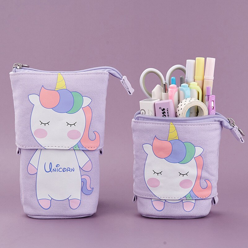 Cartoon kat telescopische etui tas opvouwbare staande houder kinderen etui canvas intrekbare studenten flexibele pennendoos: Paars