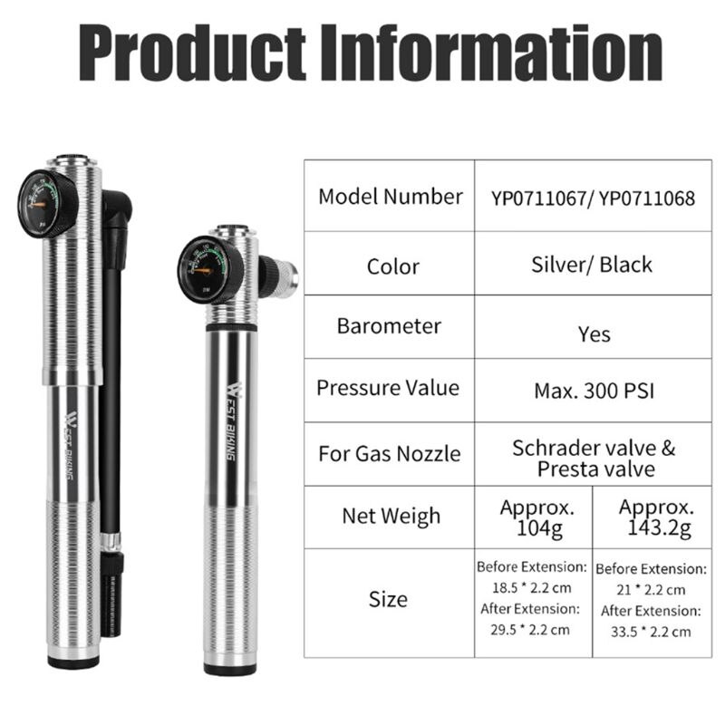 Aluminum High Pressure Bicycle Pump Bidirectional Inflatable Portable Mini Pumps
