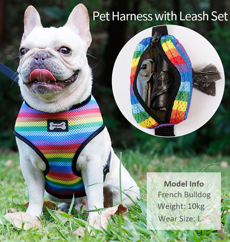 Dog Harness Met Leash Set Kleine/Medium Dog Harness Vest Wandelen Lead Met Kak Tas Regenboog Soft Air Mesh ademend Ademend