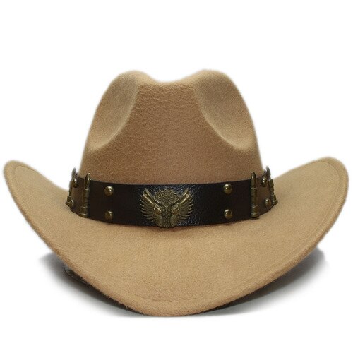 Volwassen wollen fedora's hoeden met leren riem herfst en winter mannen en vrouwen wollen cowboyhoeden grote bolhoed met rand een -152: Kameel / Kinderen 54cm