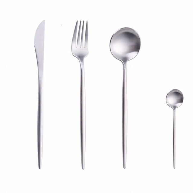 4 Pieces Gold Matte Cutlery Set Dinnerware Set Stainless Steel Green Flatware Set Tableware Knife Spoon Teaspoon Kitchen Set: Silver 4pcs