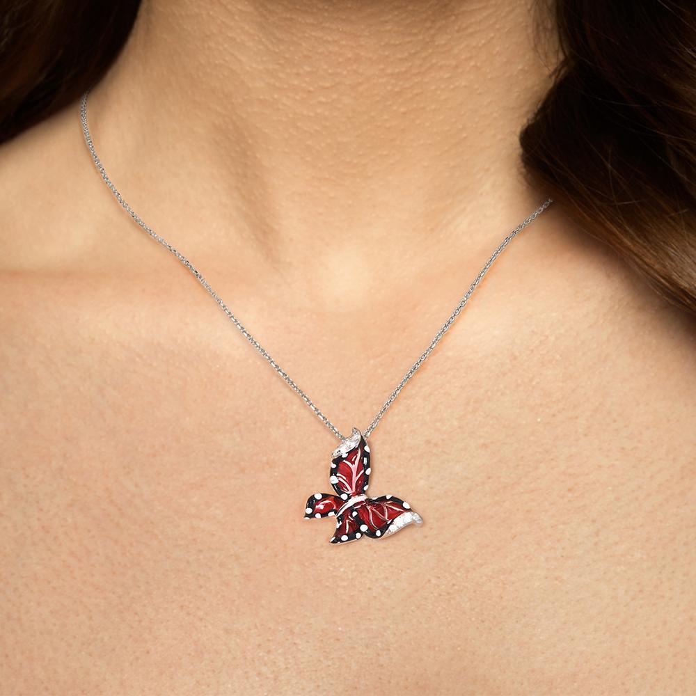 SANTUZZA Silver Pendants For Women 925 Sterling Silver Slide Necklaces Pendant Red Butterfly Jewelry Handmade Enamel