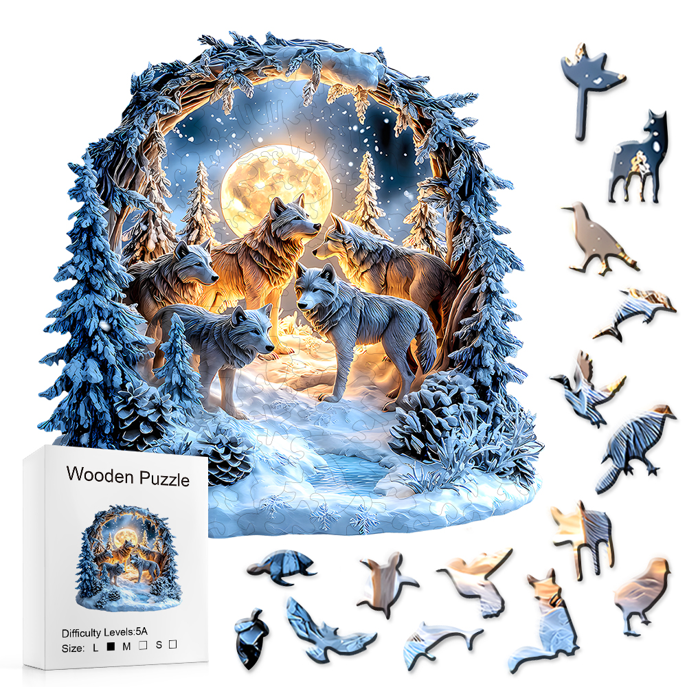 Wooden Puzzle: Magical Winter Wolf Forest Scene as Artistic Handicraft Decor Birthday