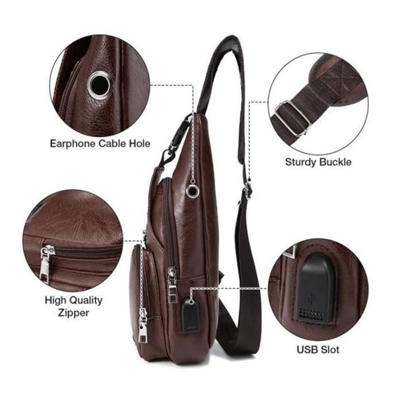 Sac de poitrine pour homme avec Port de Charge sac USB rétro bandoulière en cuir Pu Vintage sac d'affaires pochette pour Sport marron foncé