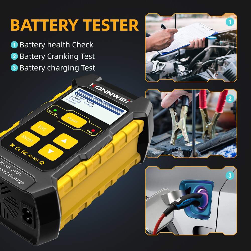 KONNWEI-probador de batería de coche KW510, 12V, 5A, cargador de reparación de pulso, húmedo, seco, ácido de plomo, herramienta de reparación de batería de coche completamente automática