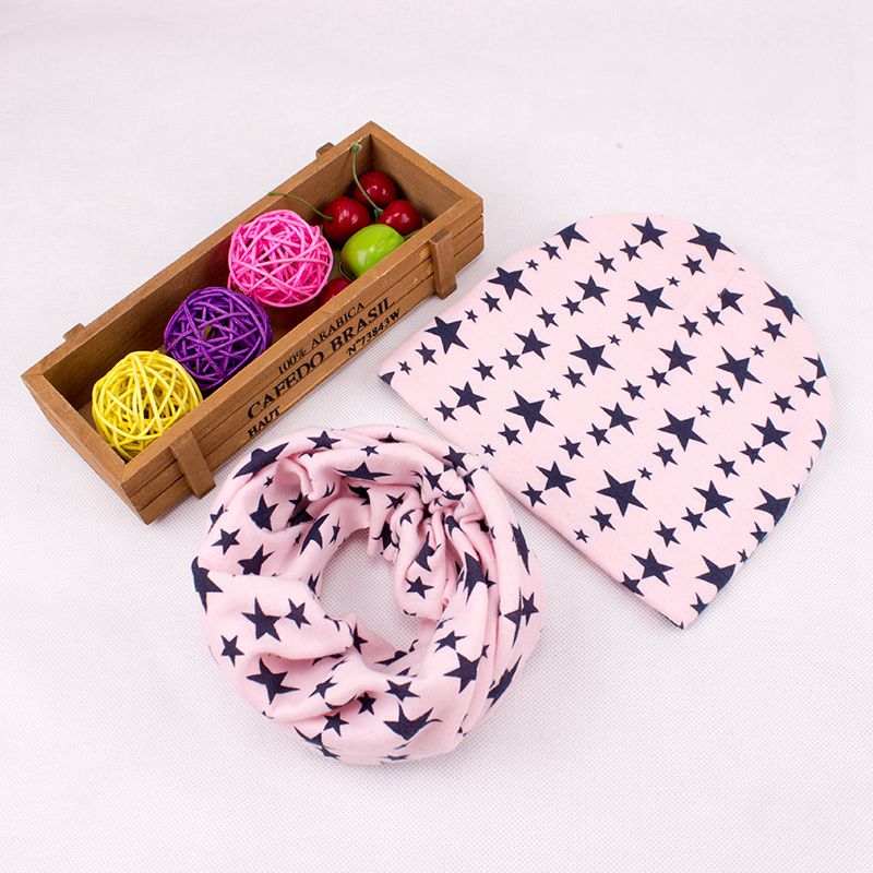 Kindermuts baby gehaakte muts baby winter muts sterrenprint halssjaal kraag warmer muts set baby capuchon katoenen warme muts sjaal: C roze