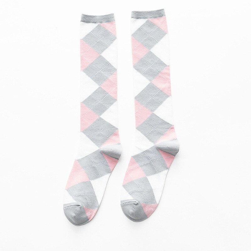 Dreamlikelin Autumn Winter Harajuku Girls Cotton Socks Female Uniform Argyle Socks Wing Rhombus Kawaii High Tube Knee Socks: StyleB Gray