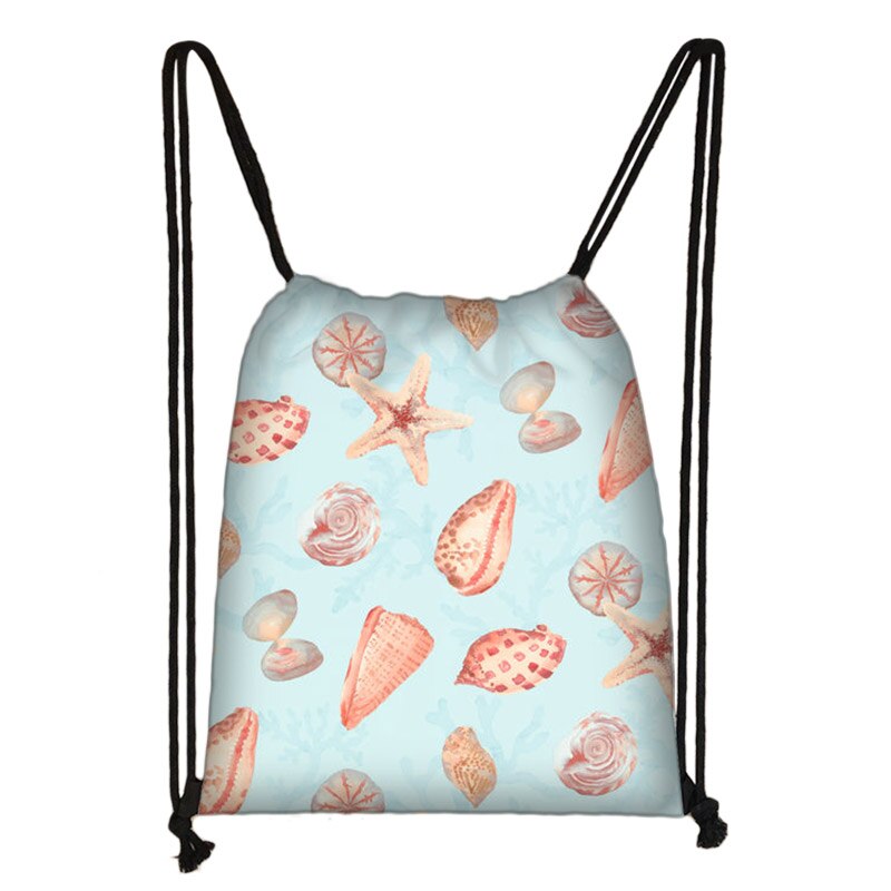 Zee Conch Tekening Afdrukken Trekkoord Tas Vrouwen Opbergtas Jongens Meisjes Casual Fish Zeester Patroon Reistassen Boekentas: skdconch14