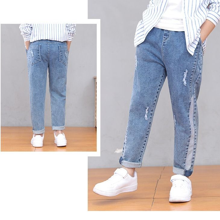 Spring Denim for Boys Solid Ripped Children's Jeans Elastic Waist Jeans Kids Boys Casual Autumn Clothing for Boys 6~14 Years C79