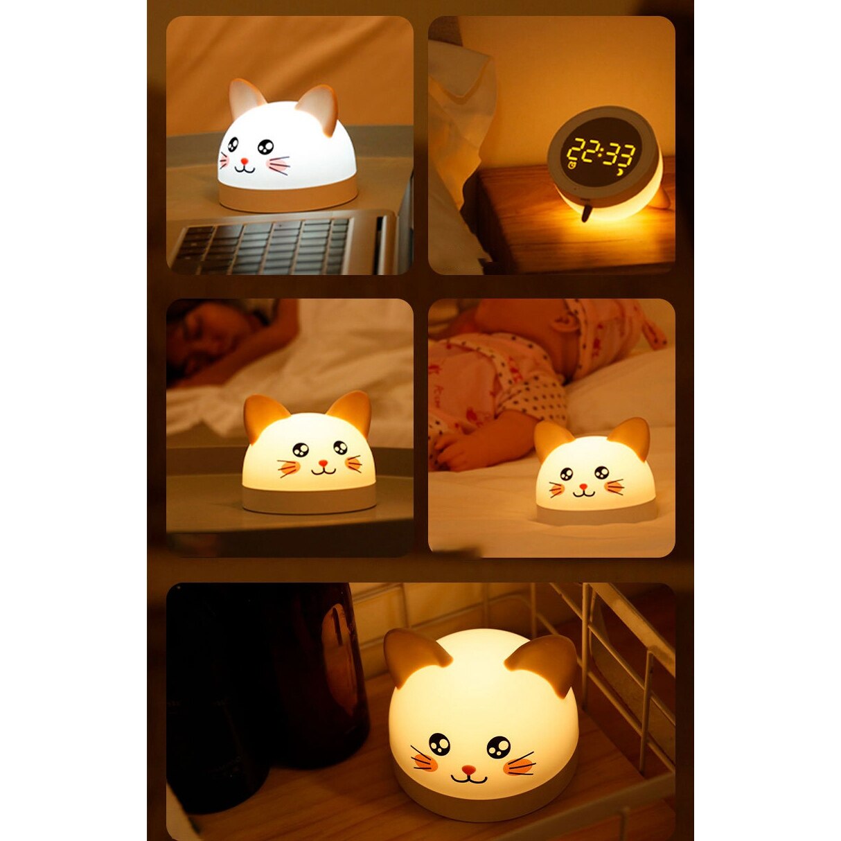 Réveil en forme de chat mignon pour enfants, 3 couleurs, LED, minuterie, veilleuse Rechargeable, pour enfants