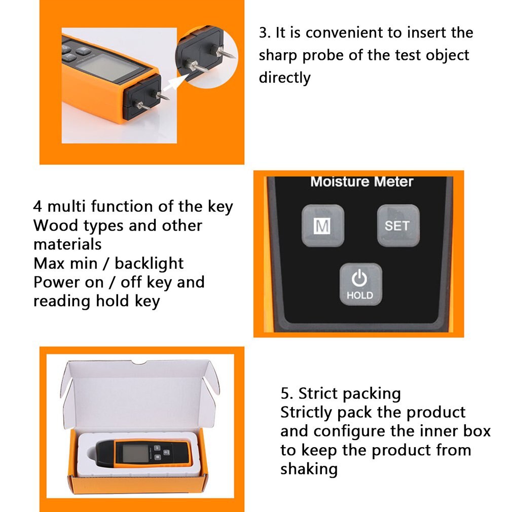 Fugtmåler, digital lcd fugtdetektor, træ mursten fugtighed campingvogn tester sort-orange