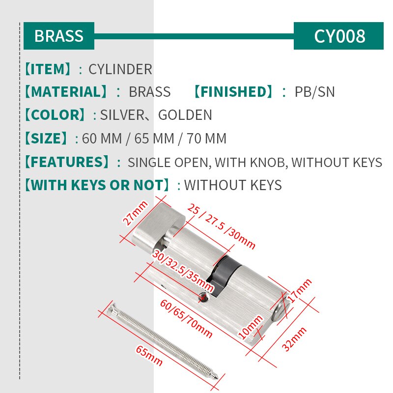 Marie  cy008 dørhåndtag lås cylinder indvendigt soveværelse vaskerum dør messing kerne lås universal tilbehør 60/65/70mm