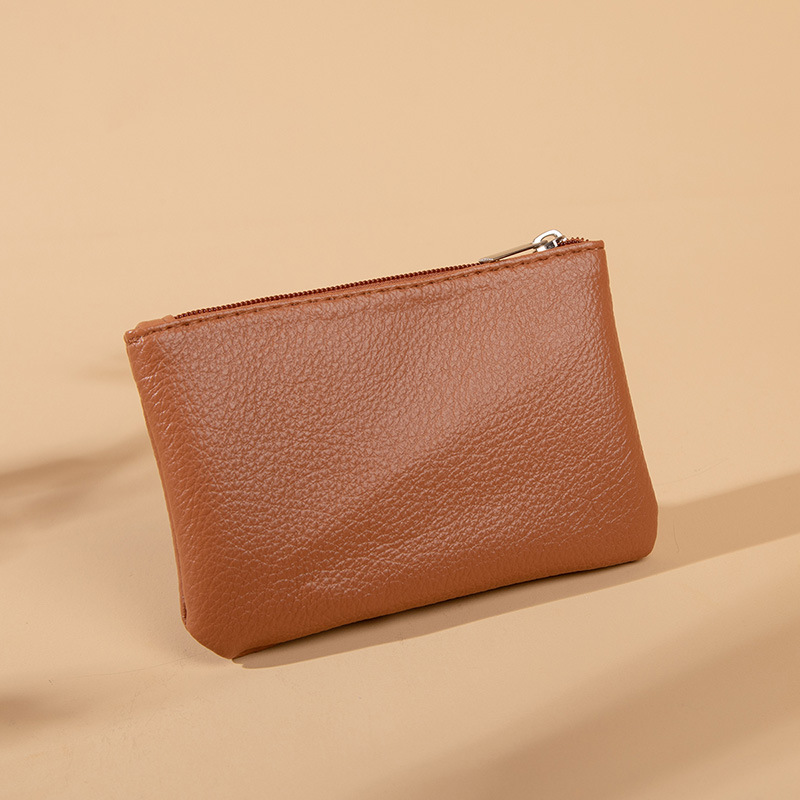 Ultradünne mini-geldbörse mit litschi-muster, reißverschluss, retro-tasche für damen, münzbeutel aus pu-leder, schlüsselanhänger-clutch: Braun