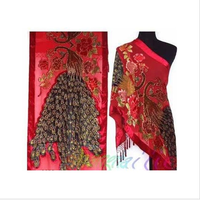 Dame kvinder dyr påfugl pashmina tørklæde fløjl silke perler kvaster rektangel broderet sjal wrap 50cm*170cm: Rød