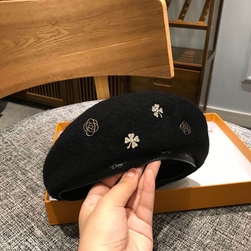 Boina de lana con abeja de cristal para mujer, gorro de lana para invierno, otoño y primavera, color sólido, Boina de