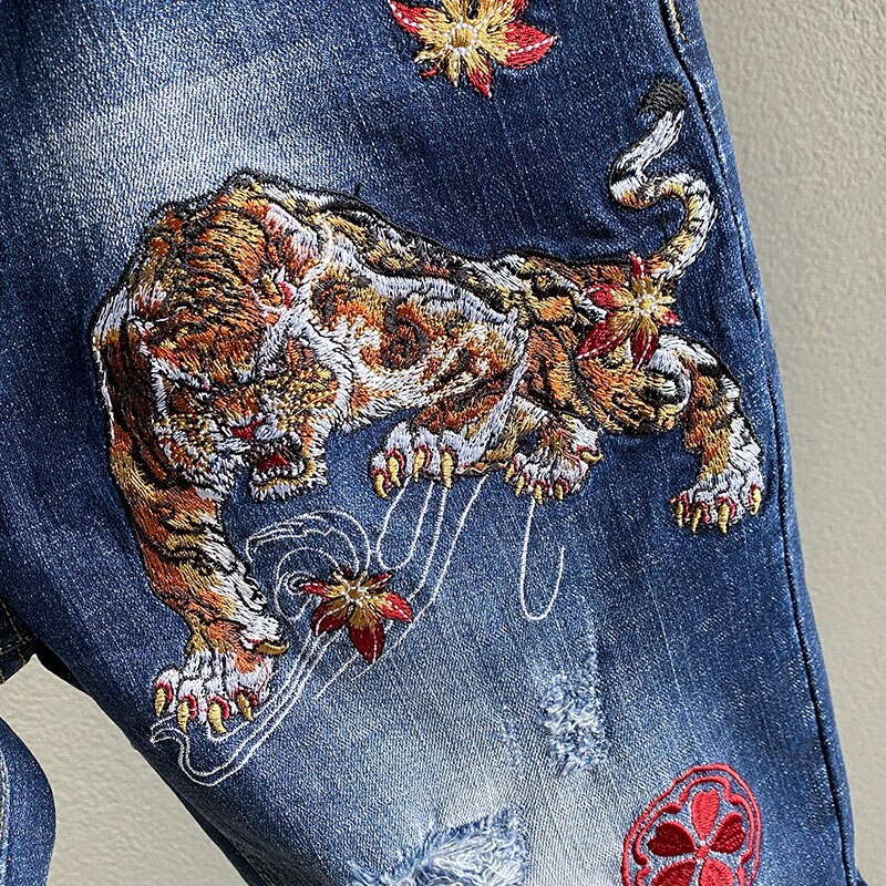 Short en jean brodé tigre chinois pour homme, tenue décontractée, coupe droite, Slim, Hip Hop, , nouvelle été