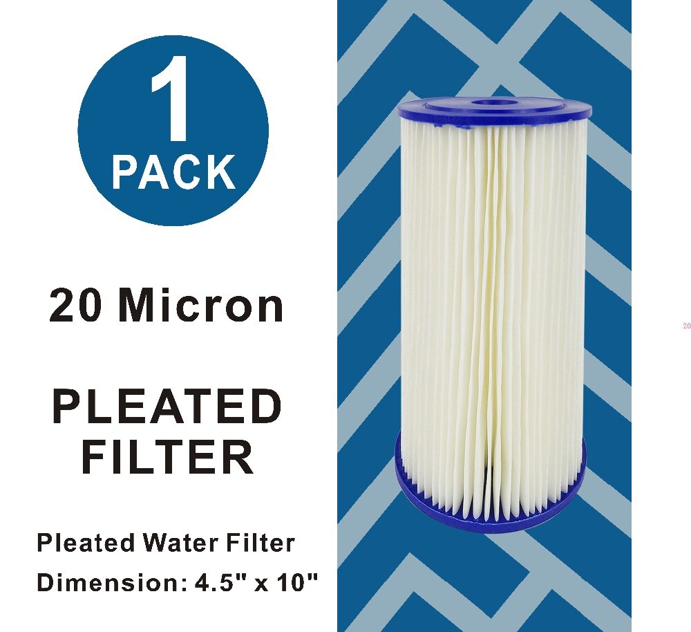 20 Micron - High Flow Whole House Sediment Pleated Filter Cartridge, Washable 10" L x 4-1/2" OD Big Blue Cartridges