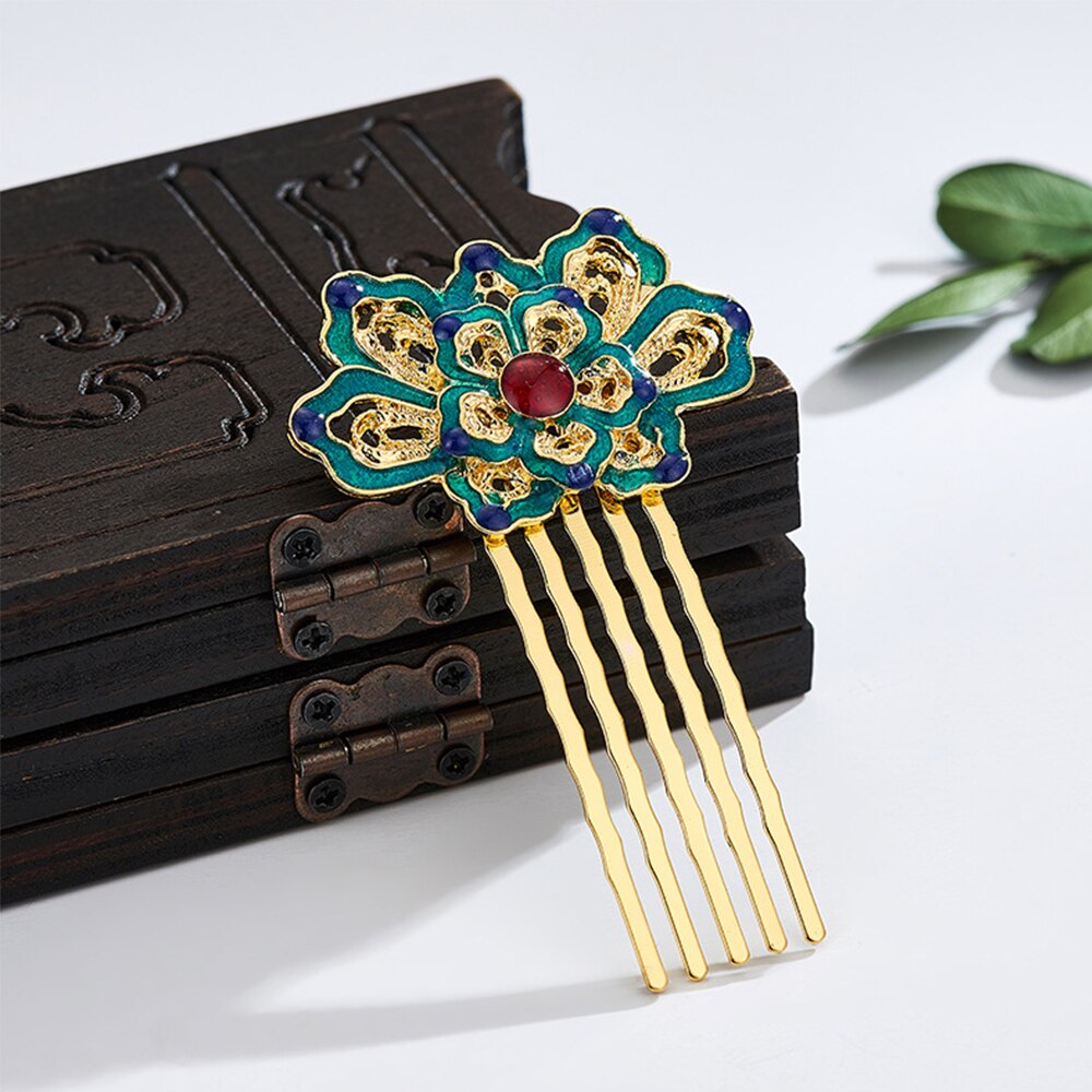 Chinese Hanfu Hair Comb Traditional Classical Style Hairpin Cloisonne Wedding Blue Green Lotus Hair Accessories: B