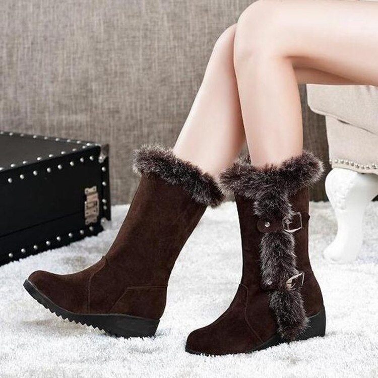 Vinter mid boots varmare plysch dam platta skor solid fuskpäls skor flickor långa stövlar kvinnliga snökängor kvinna