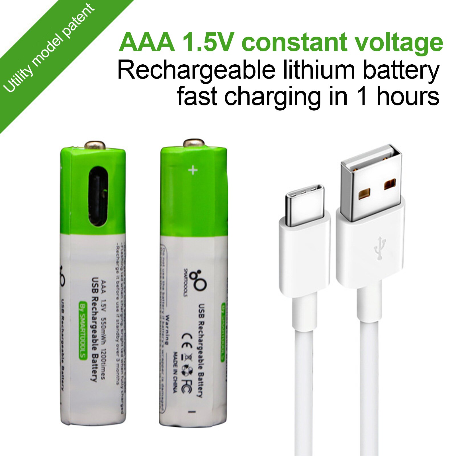2PCS 1.5V AAA Rechargeable li-ion Battery USB Rechargeable Li-thium Battery With 1PC Type-C USB Charging Cable