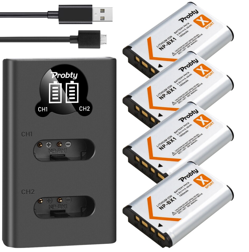 Batería y cargador USB LED para ordenador portátil, dispositivo de carga de 1800mAh NP-BX1 NP BX1 Bx1 con tipo C para Sony DSC-RX100 WX500 HX300 WX300 AS30V AS300 M3 M2 HX60: 4BatteryWith1Charger