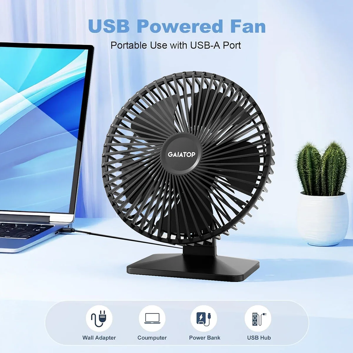 Ultra Quiet USB Small Desk Fan 90° Tilt Portable Wall Fan 4 Speeds Personal Cooling Fan for Office Home Travel Battery Operated