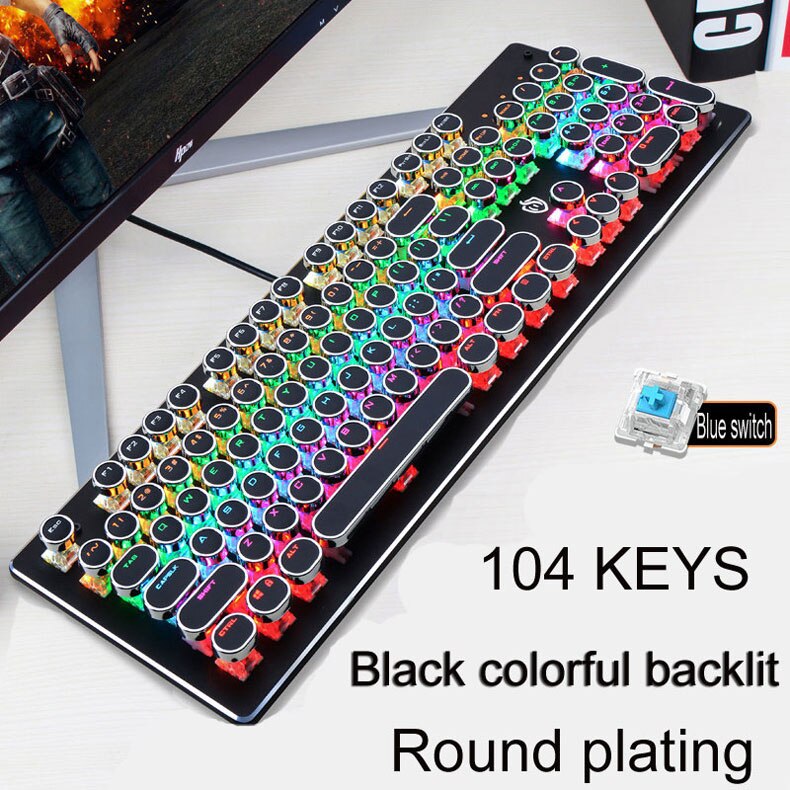 Steampunk Gaming Mechanical Keyboard Blue Axis Retro Round Key Anti-ghosting Wired Computer Peripherals Russian sticker: 104 colorful black