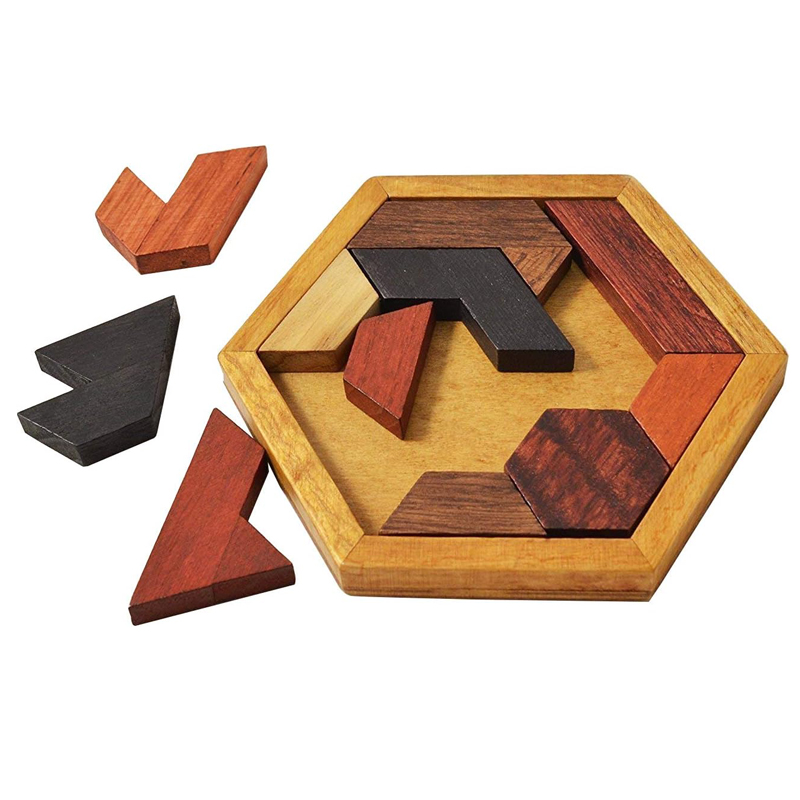 Classic hexagonal tangram puzzle made of wood, brain teasers for children, logic puzzles, casse tete rompecabezas de madera
