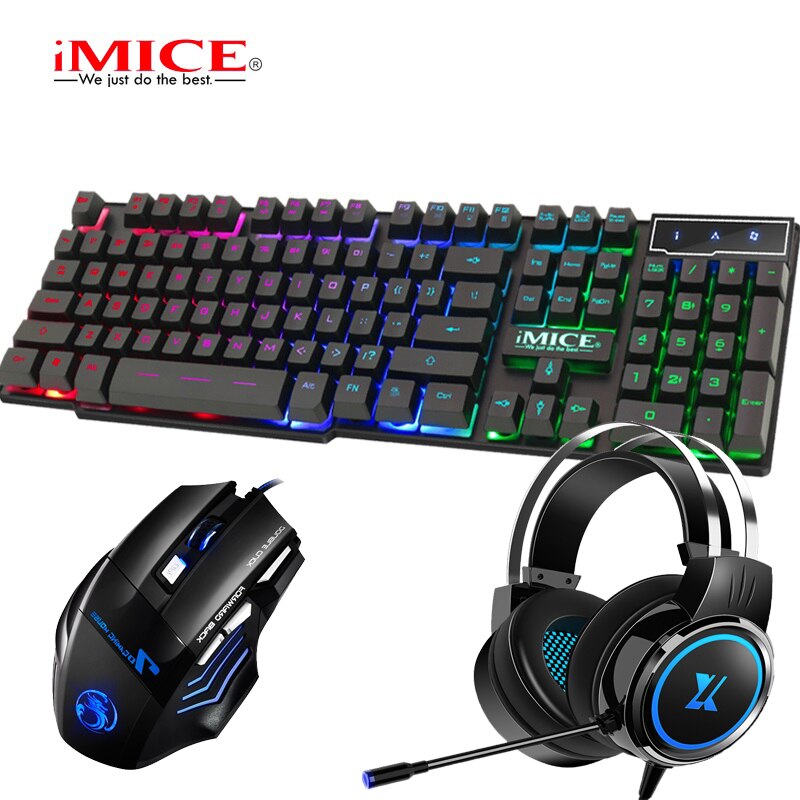 Juegos de teclado y ratón 3 en 1, cascos con cable, 104 teclas, retroiluminado, 2400DPI, reducción de ruido: 3 in 1