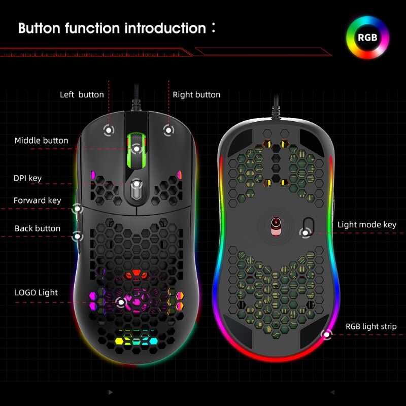 6 engrenagem dpi ajustável com fio programável mouse buraco rgb led respiração luz jogos mouse computador acessórios do portátil