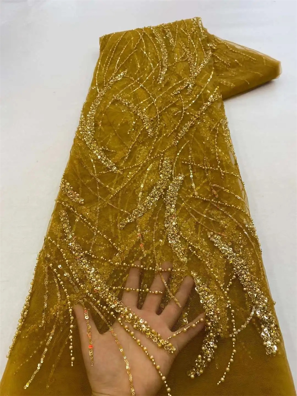 Luxe 3D Kant Stof 5Yards Dubai Hand Kralen Tule Kant Stof Geborduurde Pailletten Afrikaanse Nigeriaanse Stof Voor Naaien: Blauw