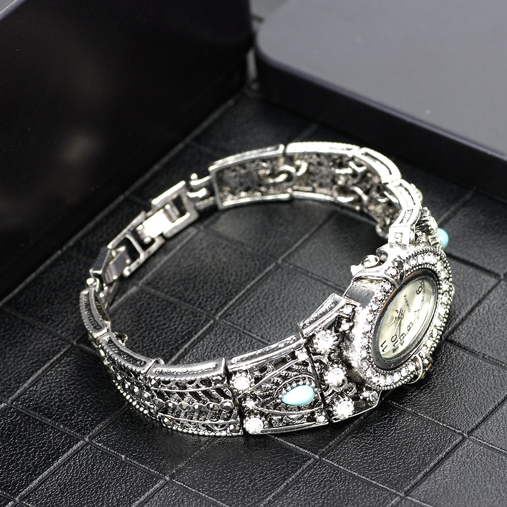 Sunspicems Vintage Oud Zilver Kleur Indiase Vrouwen Polshorloge Manchet Armband Ovale Horlogekast Vol Strass Elegante Festival