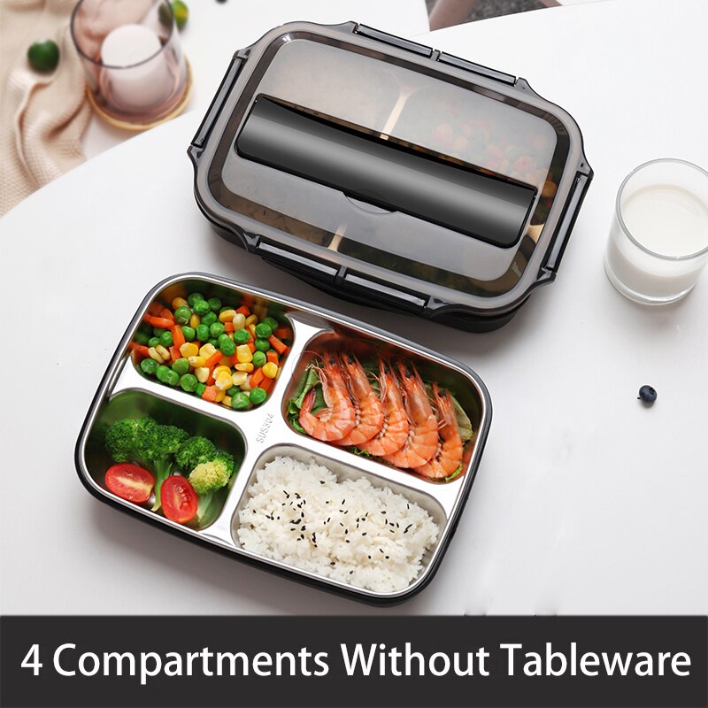 Stainless Steel Thermal Lunch Box Containers with Compartments Leakproof Bento Box Food Container Picnic Office School Lunchbox: black no tableware-4
