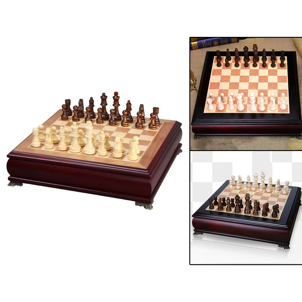 Wooden Carved Chess Set Competitive Board Games Wood Board Box Storage Slots for Adults Kids Family Friends