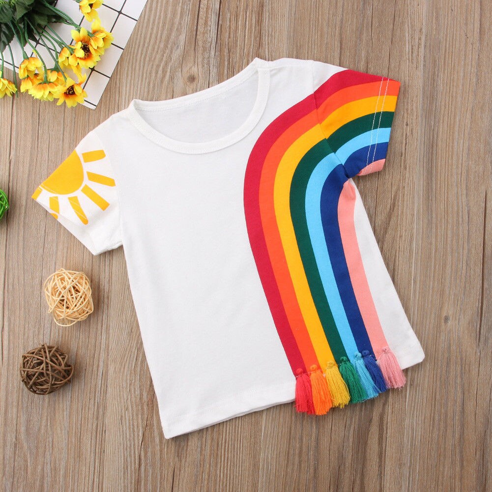 2019 crianças roupas de verão infantil crianças do bebê meninas casual arco-íris t camisa tassel retalhos algodão camisetas coloridas 1-6t
