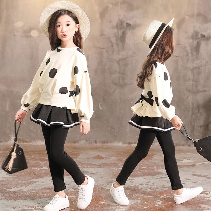 Mädchen Kleidung Langarm Punkt Shirt + Felsen Hosen 2Stck Mädchen Kind Kleidung einstellen Herbst Frühling freundlicher Schule Kleidung 6 8 10 jahr