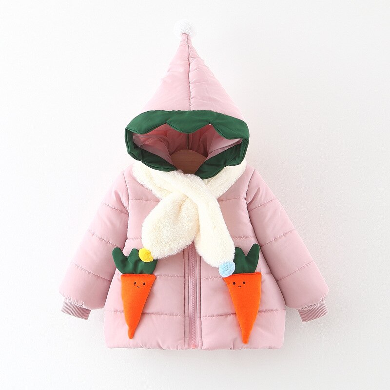 Winter Warm Baby Girls Thick Fleece Radish Hooded Snowear Parkas Overcoats Children Kids Party Outerwear Coats + Scarf casaco: Pink / 24M