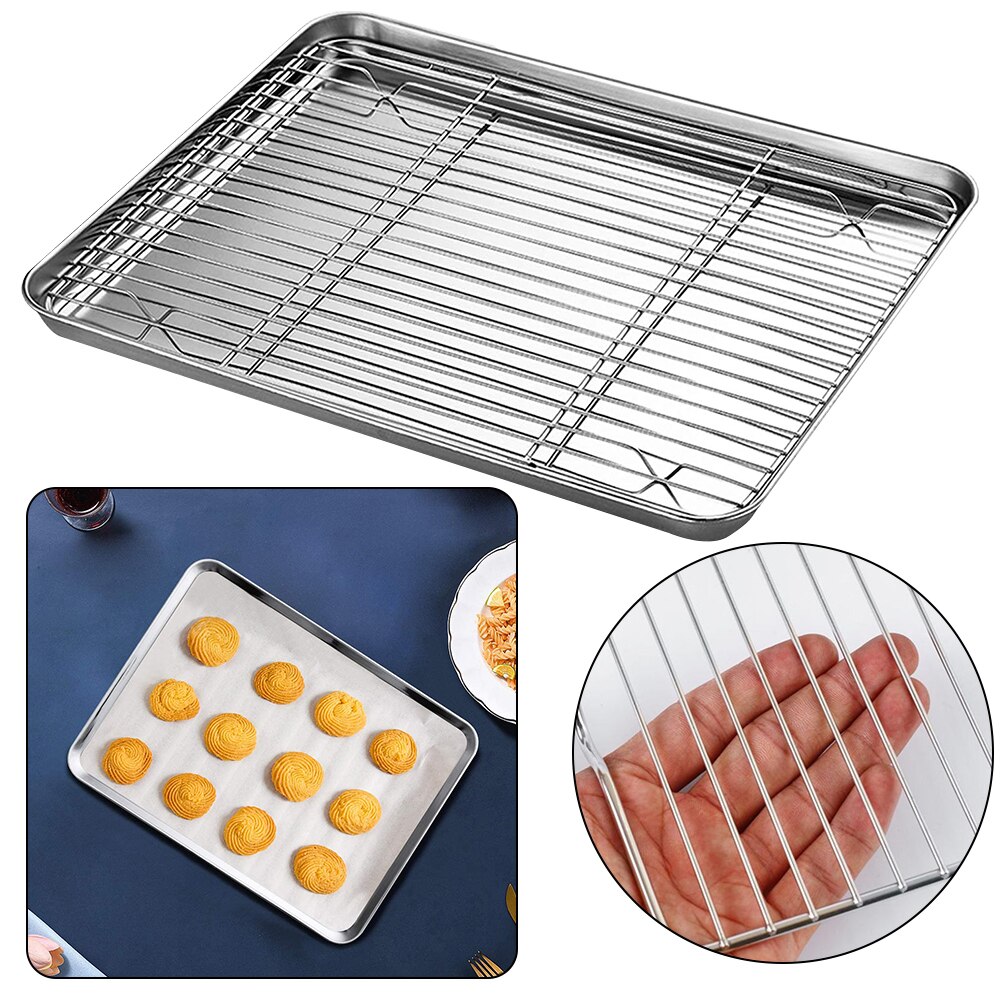 Baking Tray With Removable Cooling Rack Set Stainless Steel Wire Grid Tray Kitchen Oven Cook Pan Non-Stick Bread Barbecue Holder