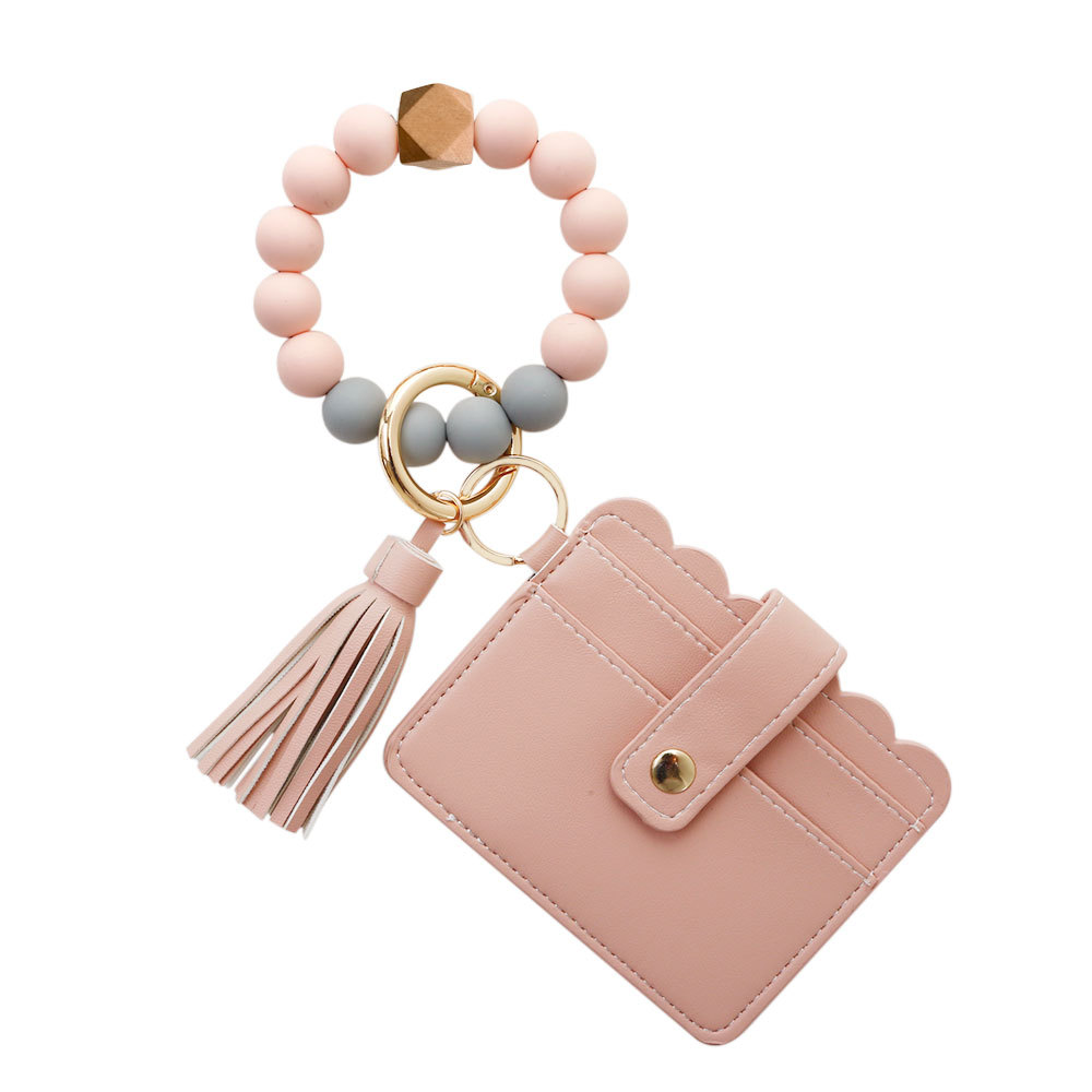 Purdored 1 Pc 13 Kleuren Mode Vrouwen Armbanden Kaarthouder Luipaard Vrouwelijke Visitekaartje Case Polsband Sleutelhanger Voor Mannen: pink x beads