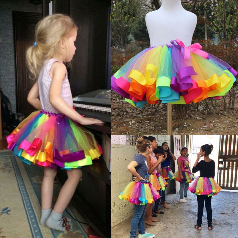 lässig Hübsche Regenbogen Mädchen freundlicher Baby Regenbogen Ballettröckchen-Felsen Parteikostüm Kostüm Ballettröckchen Spitze 0-8Y UNS