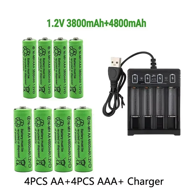 Batería recargable Original de 1,2 V AA4800mAh + AAA3800mAh + cargador para ordenador, reloj, Radio, videojuego, cámara Digital, batería AA AAA: Negro